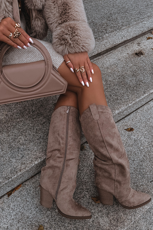 Oceplane cowboy kozačky na podpatku z eko semiše béžové Mavine Kozaki Damskie