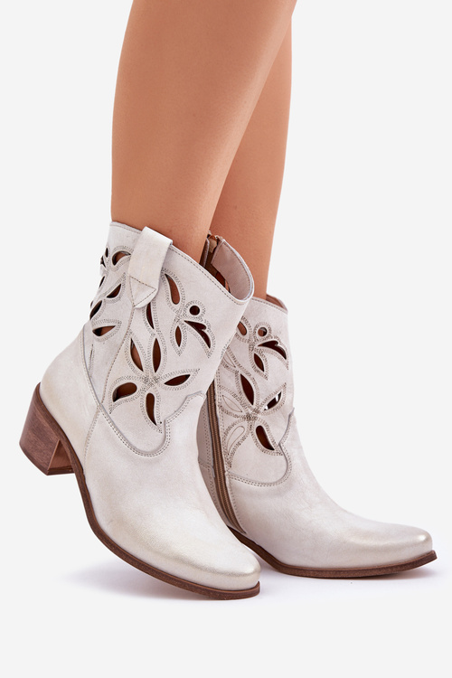 Kožené perforované boty na podpatku Zazoo 3621 zlatá oprýskaná