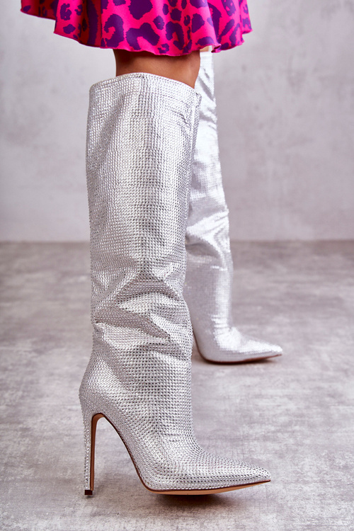 Módní kozačky na vysokém podpatku s kubickými zirkony stříbrne Lovisa