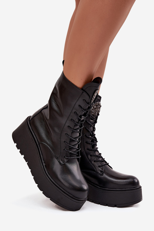 Kožené dámske čižmy s ozdobou zateplené čierne Ulrika