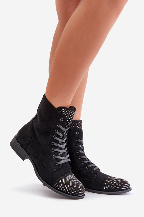 Ozdobené botky na plochém podpatku eko semišové zateplené černé Ellieo