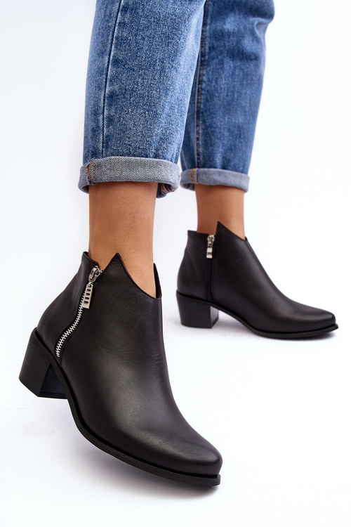 Kožené dámské kotníčkové boty na sloupku s nízkým svrškem a zipy černé Annaja
