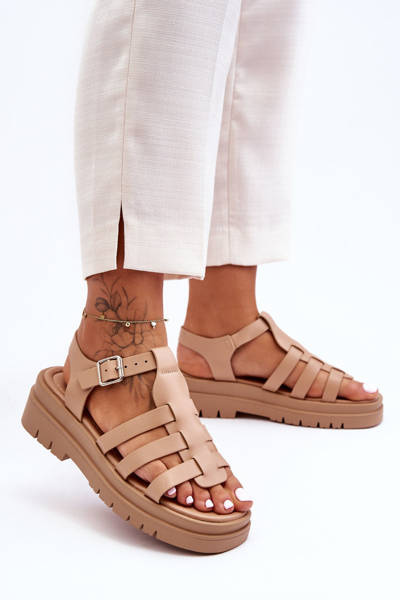 Kožené Ploché Sandály S Proužky Béžove Diosa