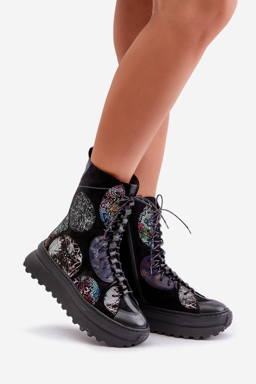 Kožené semišové boty na platformě zateplené černé 06565-01