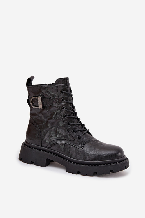 Kožené dámske členkové topánky s efektom mačkání a sponou Artiker 57C1008 Čierne