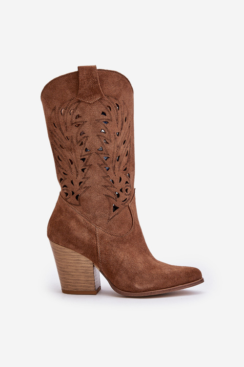 Dierkované Kozačky Do Polovice Lýtka Na Podpätku Zamatové Lewski 3609 Hnedé