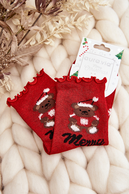 Dámske lesklé vianočné ponožky s červeným medvedíkom