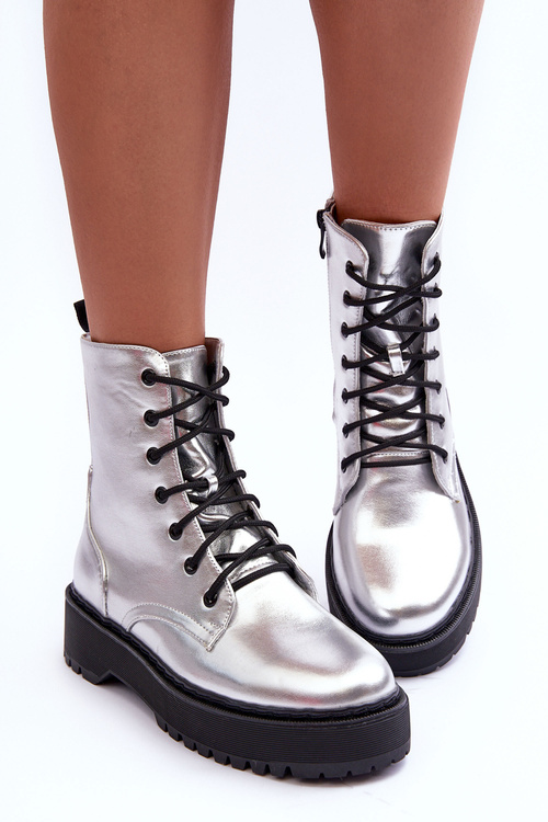 Kůže Metalické Boty Workery Stříbrné Teflorna