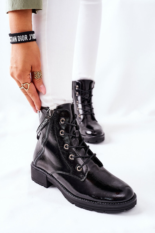 Dámské Kotníkové Ploché Workery Lakované Boty Cerne Goorey