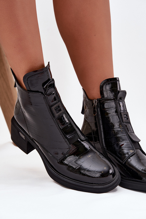 Lakované kožené dámské boty s ražením na klocku Černé Lorenza