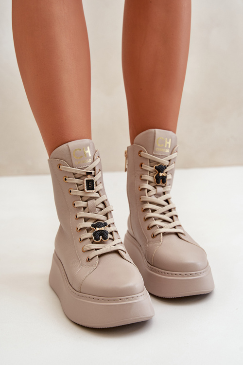 Dámské Kožené Boty Worker S Přívěsky Béžové CheBello 4294