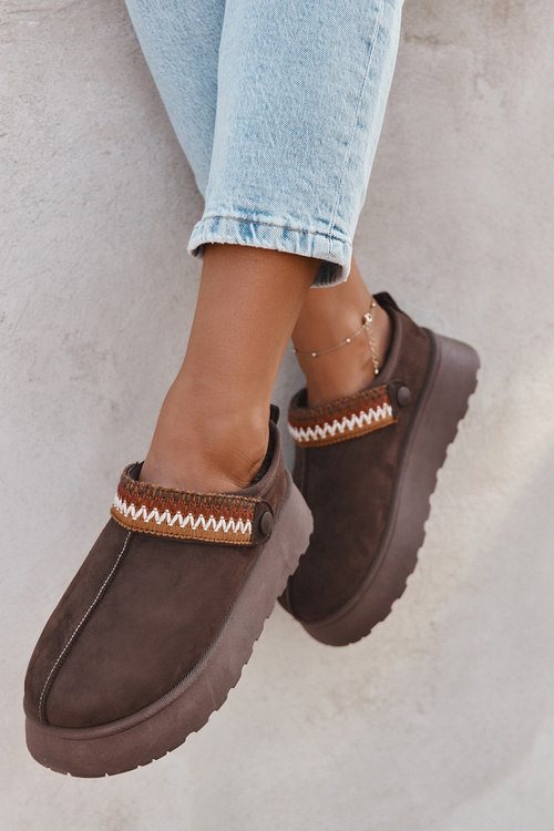 Dámske nízke snehule s pohyblivým pásikom a výšivkou na platforme čokoládové Lyrisse