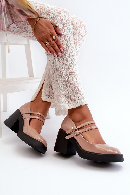 Lakované topánky na masívnom opätku tmavobežové Halmina