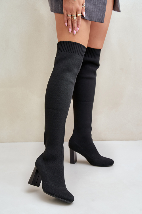 Kozačky Se Školkovou Špicí Nad Koleno Na Podpatku Černé Esanira