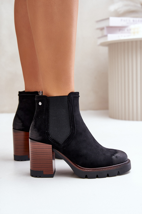 Zateplené dámské boty na podpatku z eko semiše Černé Vinceza 58356