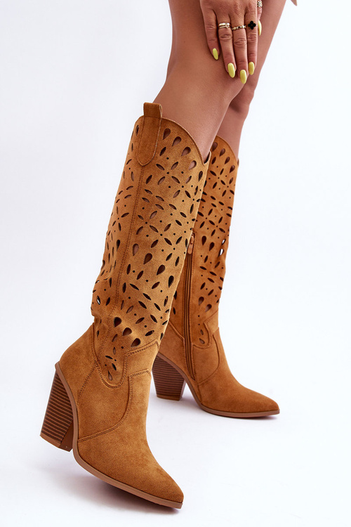 Zamszové Ažurové Kozaky Kovbojky Hnědé Nisu