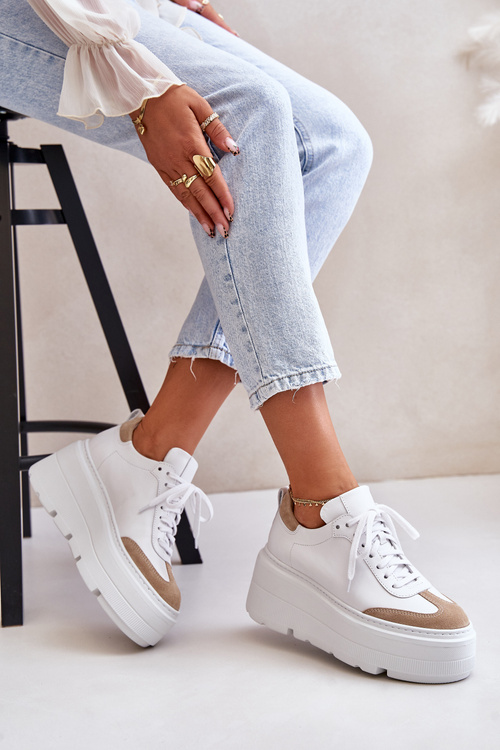 Kožené Sneakersy Na Masivní Platformě Bílá-Bežová Lewski 3635/X