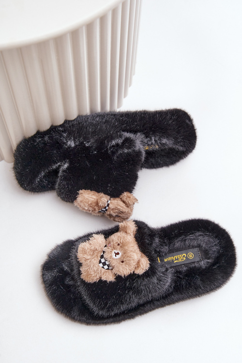 Dámske Kožušinové Papuče S Medvedíkom Čierne Romania