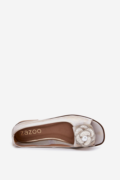 Kožené Baletky S Otevřenými Prsty A Květem Zazoo 1870 Zlato Ošoupané