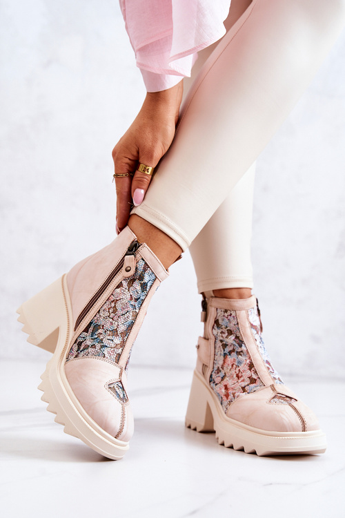 Kožené topánky na masívnom post Maciejka Beige 05325-04