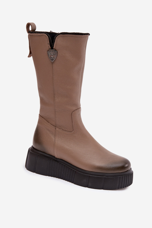 Zazoo 70121 Kožené Dámske Čižmy S Vlnenou Tmavobéžové