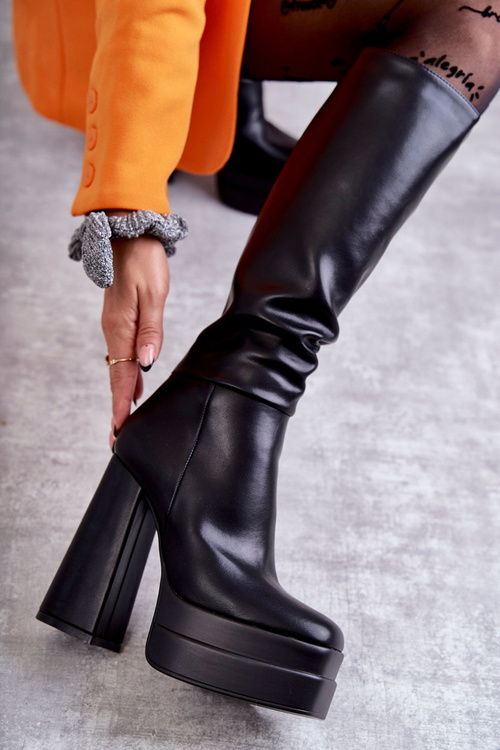 Módní kožené kozačky na robustních podpatcích černá Meggie