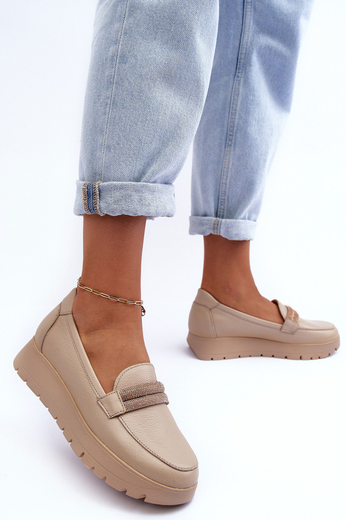 Kůže Polobotky Na Platformě S Ozdobou Světlá Bež Lehira