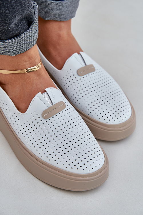 Ľahké Ažúrové Kožené Mokasíny Polobotky Dámske Na Platforme A Kotrni Biele Hanthiel