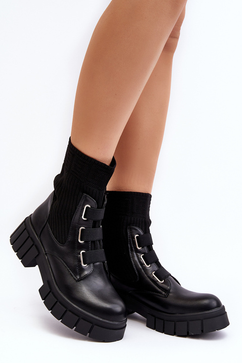 Workery Botky S Plochou Podrážkou Se Zástěrou Černé Inogoi