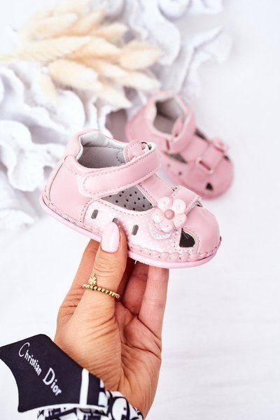 Dětské Kožené Sandály Se Suchým Zipem Růžové Flowers