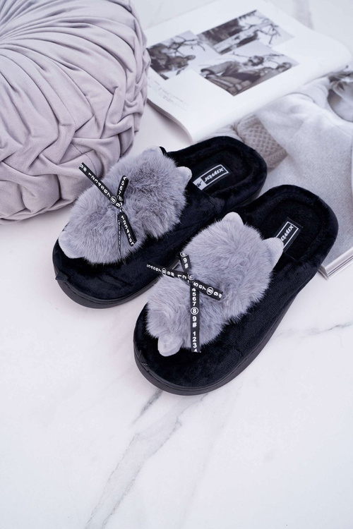 Dámské pantofle s kožešinou kocour černé Kitty