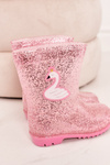 Detské brokátové galoshes s labuťmi ružovou farbou