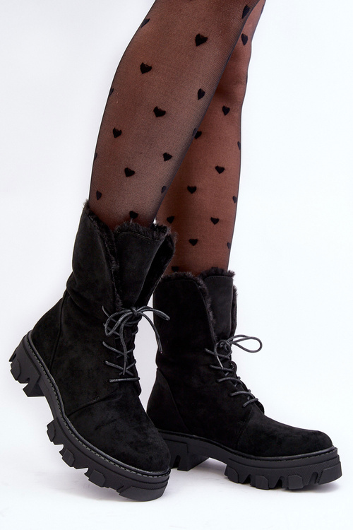 Suede Lace -up Boots Workers s kožušinou Black Frendo