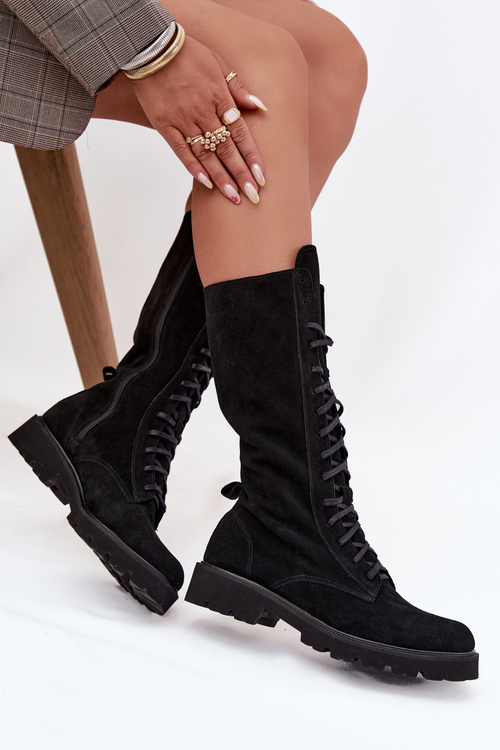 Semišové kotníkové boty se šněrováním do půli lýtka Zazoo 3103 Černé