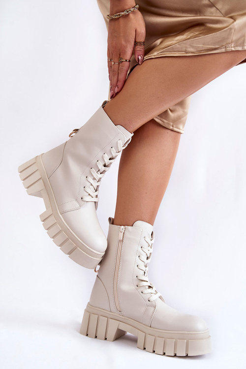 Kožené, zateplené kozačky na platformě světle béžové Telisa