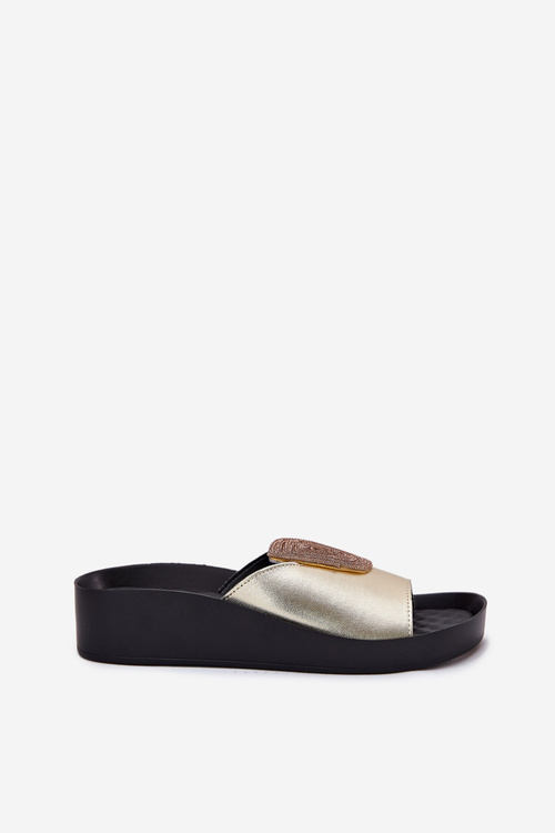 Dámské Kožené Pantofle S Dekorací KV51-028 Zlaté