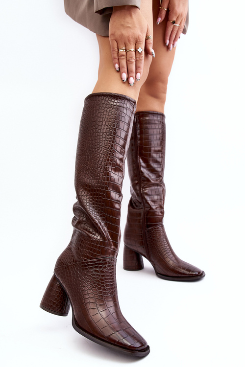 Dámské kozačky na podpatku s hadím vzorem hnědé Ceriona