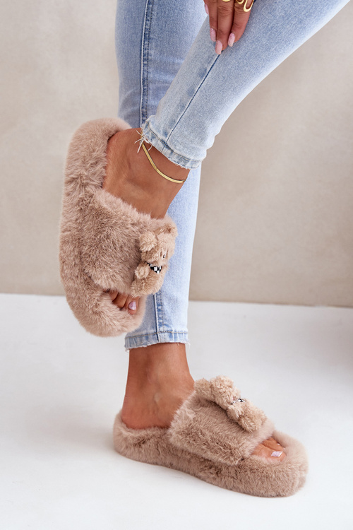 Dámské Kožešinové Pantofle S Medvídkem Béžové Romania