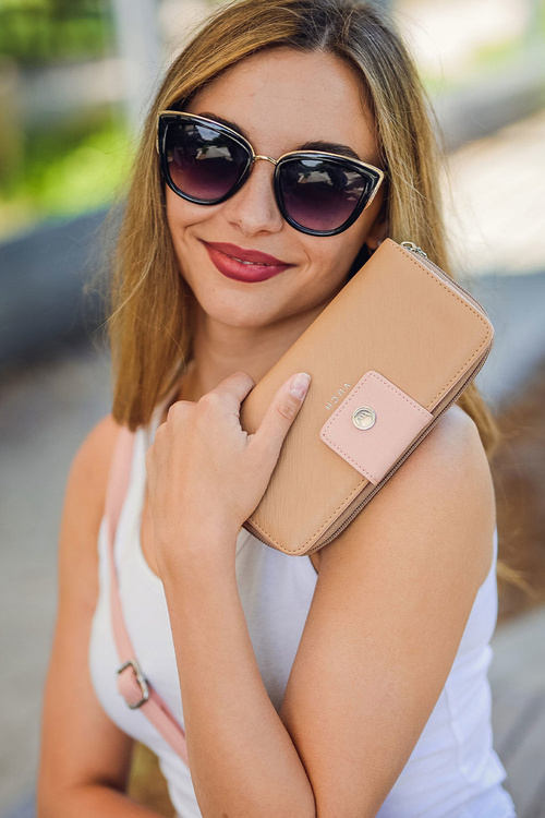 Velká dámská peněženka na zip Hnědá-růžová Huntress