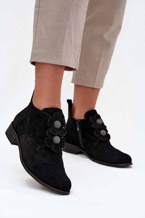 Semišové dámské polobotky s ozdobnými květinami Zazoo 3080 Černé
