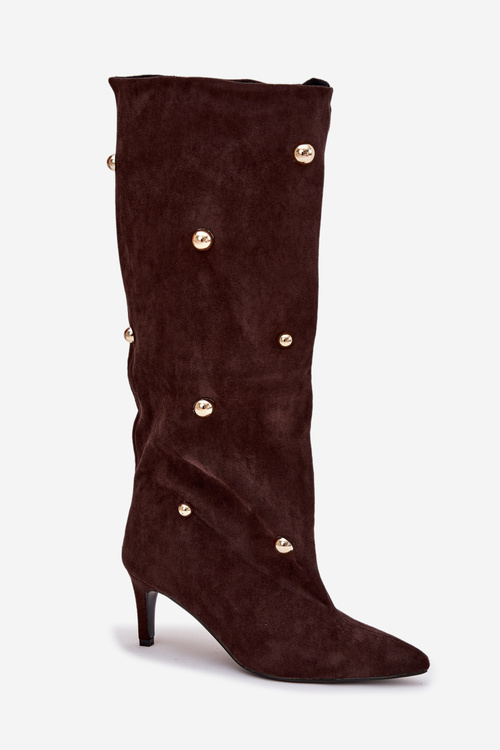 Vklopné dámske čižmy na podpätku so zlatými ozdobami čokoládové Thaliane