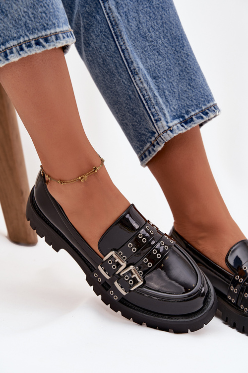 Kožené dámské mokasíny s pásky a stříbrnými přezkami Černé Gabrisse