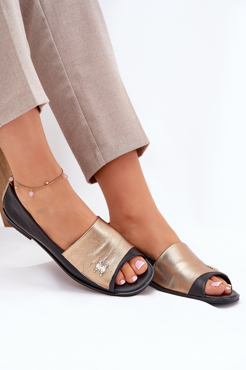 Kožené Elegantné Baleríny S Odhalenými Prstami Zazoo 1865 Zlaté-Čierne