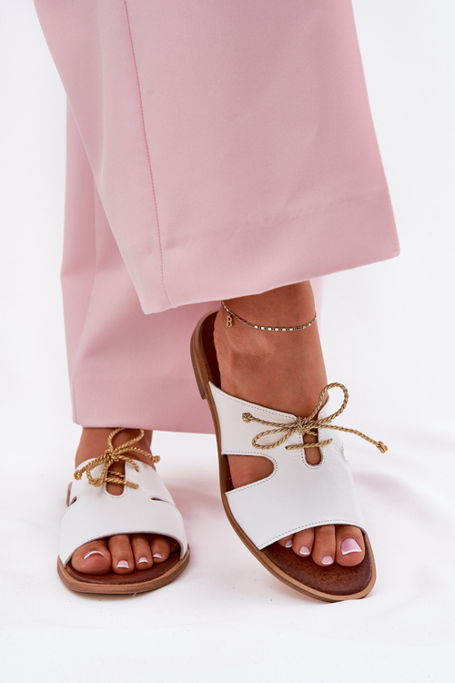 Kožené Dámske Šlapky Na Plochéj Pätke Biele Zazoo 3022