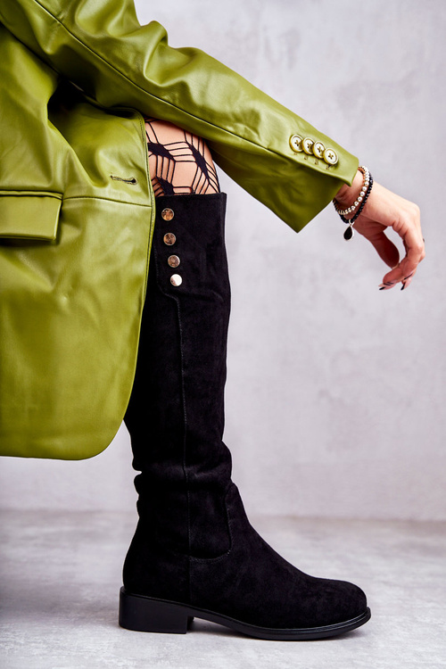 teplé semišové kozačky na plochém podpatku Černé Laura