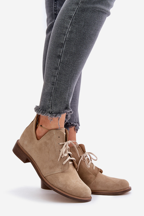 Zazoo 2959 Semišové Polobotky Oxfords Na Šnurovanie Na Plohom Opätku Béžové