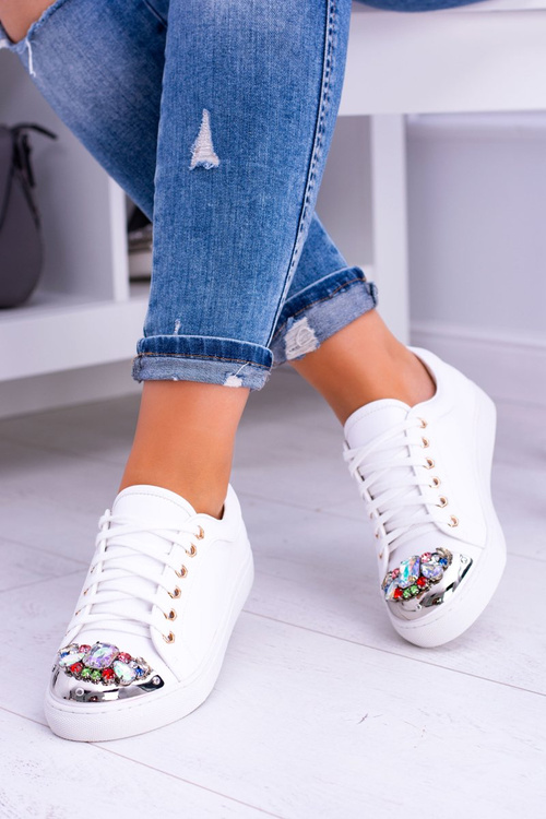 Lu Boo Białe Trampki z Błyszczącymi Kryształami