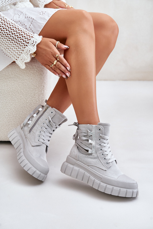 Vysoké dámské tenisky na masivní platformě se zdobením šedé Zaidria