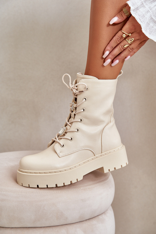 Zateplené boty worker dámské s ozdobami béžové Avorira