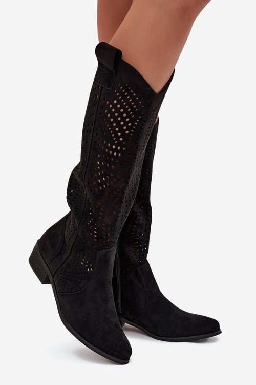 Ažurové dámské kozačky na klínku nad koleno černé Fioris